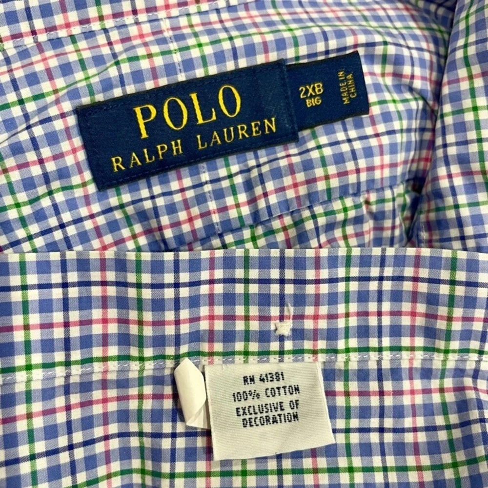 Polo Ralph Lauren Mens 2XB Big Tattersall Check Cotton Button‎ Down Shirt Blue